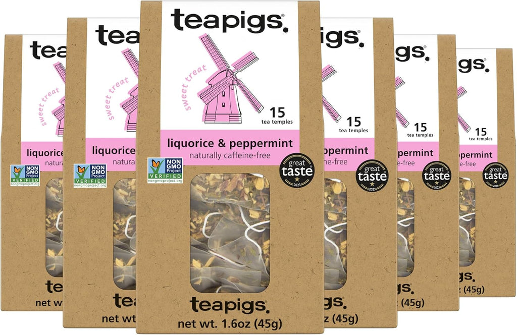 Teapigs Liquorice & Peppermint Tea, Caffeine Free, Vegan, 15 Bags (Pack Of 6)