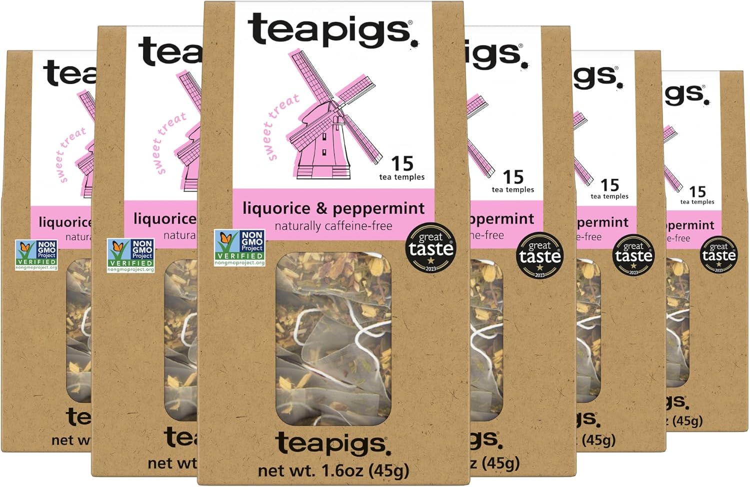Teapigs Liquorice & Peppermint Tea, Caffeine Free, Vegan, 15 Bags (Pack Of 6)