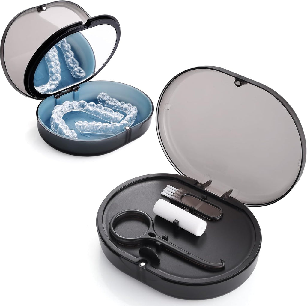New Double-layer Retainer Storage Case with Belt Chewing,Removal Tool,Cleaning Brush,Built in Mirror Orthodontic Retainer Case