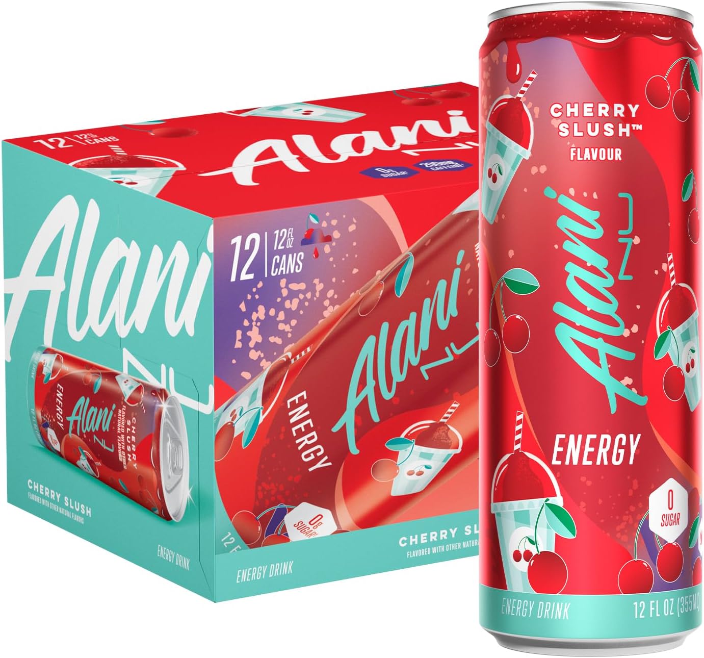 Alani Nu CHERRY SLUSH Ice Sugar Free, Low Calorie Energy Drinks | 200mg Caffeine | Antioxidants | Biotin, B Vitamins | Zero Sugar | 15 Calories or Less | 12 Oz Cans | 12 Count