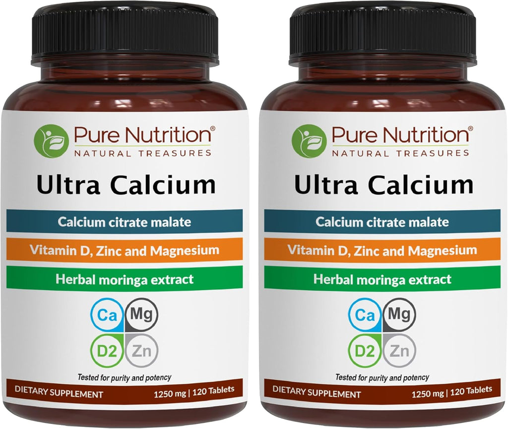 Pure Nutrition Ultra Calcium 1000mg with VIT D3 + K2 | 240 Tabs (120 X Pack of 2) | Calcium Supplement with Calcium Citrate Malate, VIT D3, K2, Moringa Oleifera, Magnesium and Zinc.