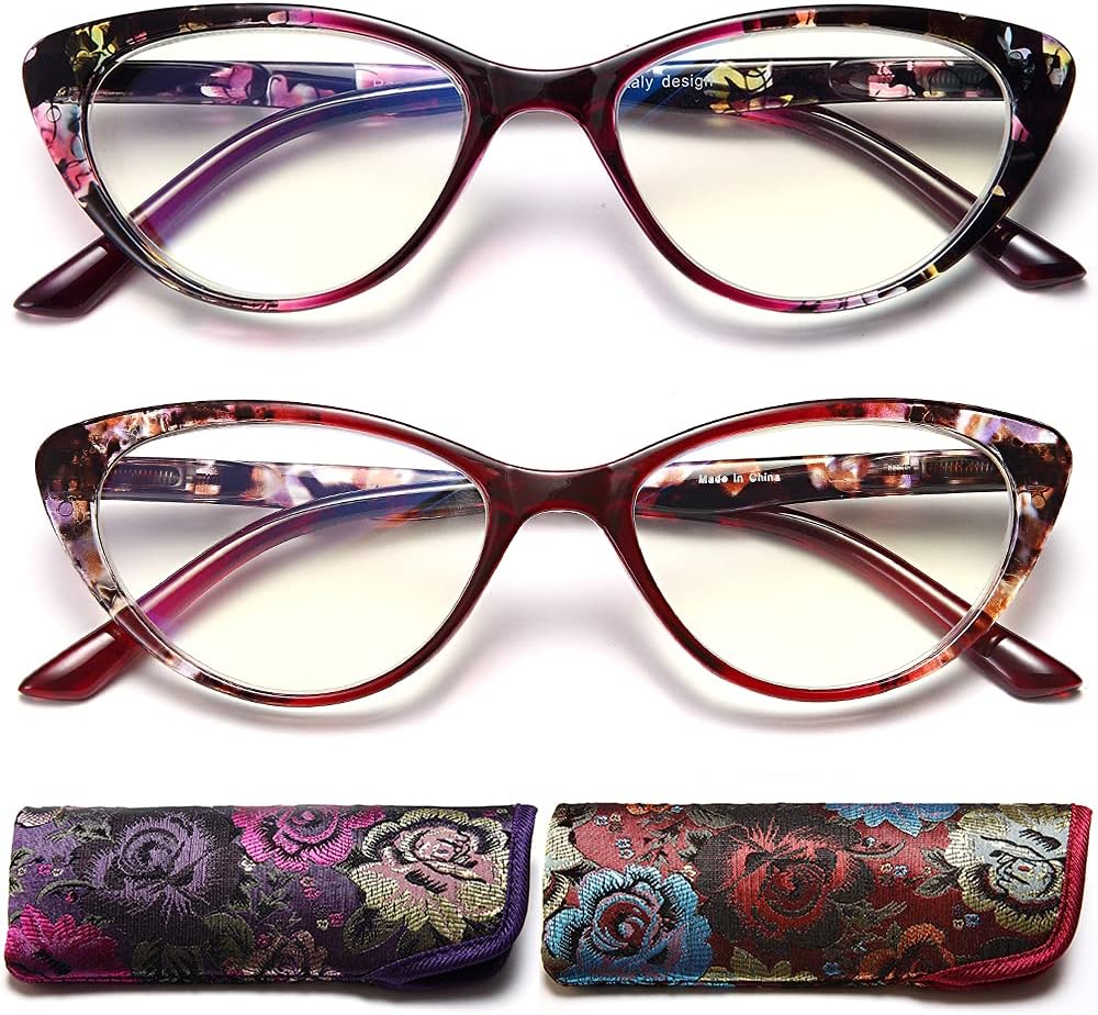 EYEURL Cat Eye Reading Glasses for Womens 2 Pairs Blue Light Blocking Readers +2.0 Computer Prescription Eyewear with Spring Hinge Choose Your Strength