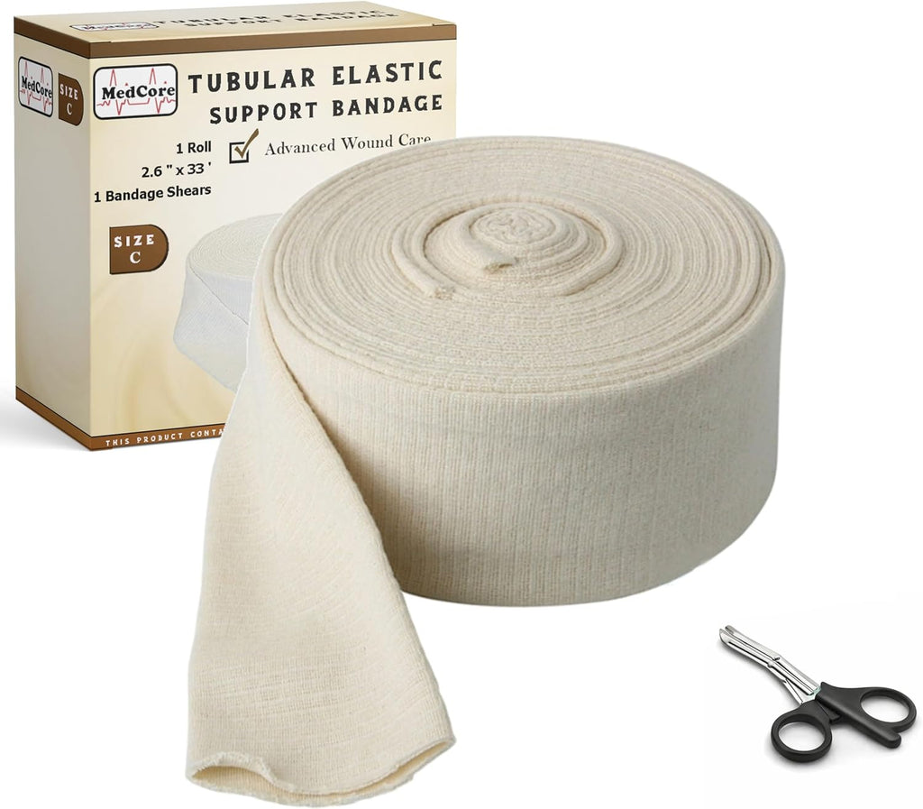 Tubular Compression Bandage Size C (2.65” x 33 ft) – Elastic Stockinette Support Sleeve for Small Knee, Elbow, Forearm, Calves, Full Arm Cut-to-Fit, Washable Reusable, No Tape – Plus Medical Scissors