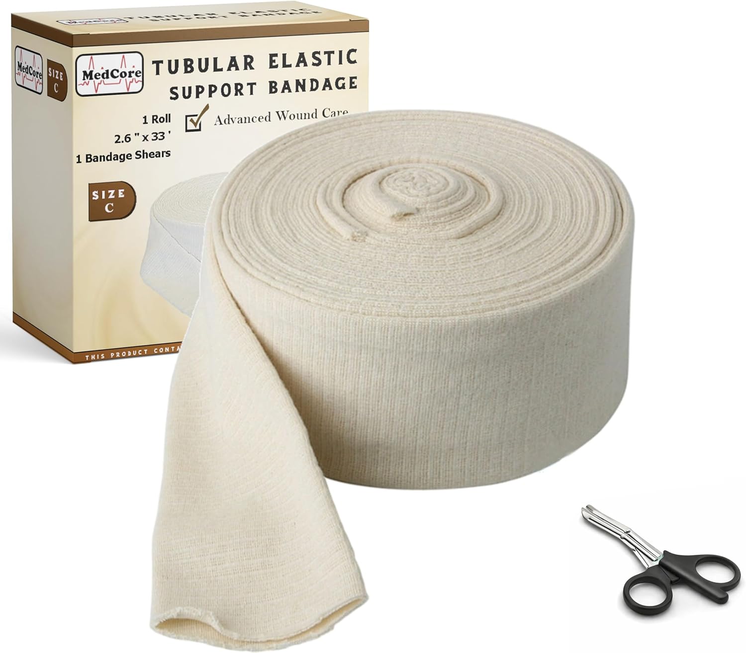 Tubular Compression Bandage Size C (2.65” x 33 ft) – Elastic Stockinette Support Sleeve for Small Knee, Elbow, Forearm, Calves, Full Arm Cut-to-Fit, Washable Reusable, No Tape – Plus Medical Scissors