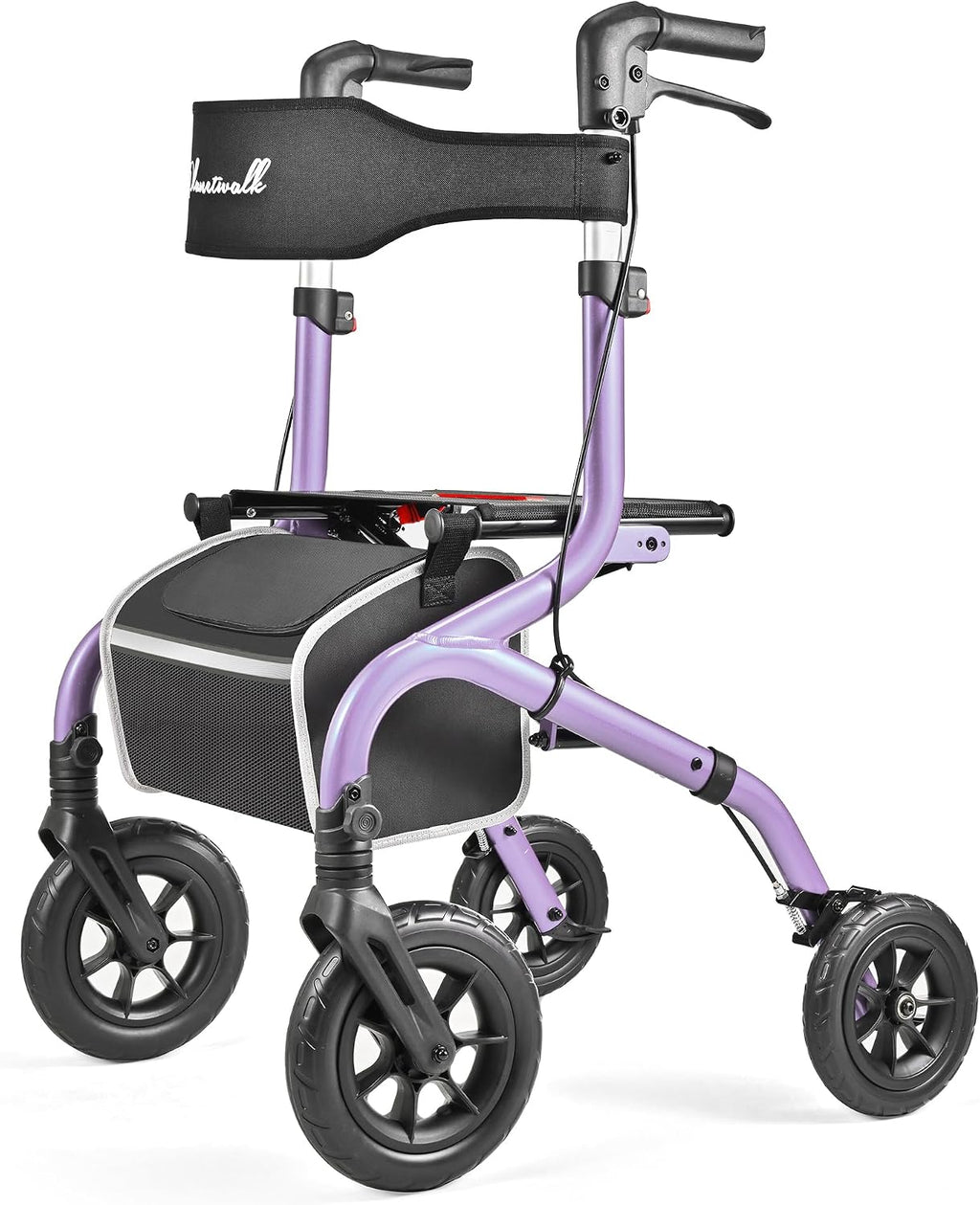 Foldable Rollator Walker: 10" & 8" All-Terrain Wheels, 300lb Capacity, Treaded Rubber Tires, Breathable Seat & Backrest, Lightweight Mobility Aid for Seniors, Purple