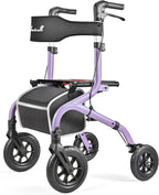 Foldable Rollator Walker: 10" & 8" All-Terrain Wheels, 300lb Capacity, Treaded Rubber Tires, Breathable Seat & Backrest, Lightweight Mobility Aid for Seniors, Purple