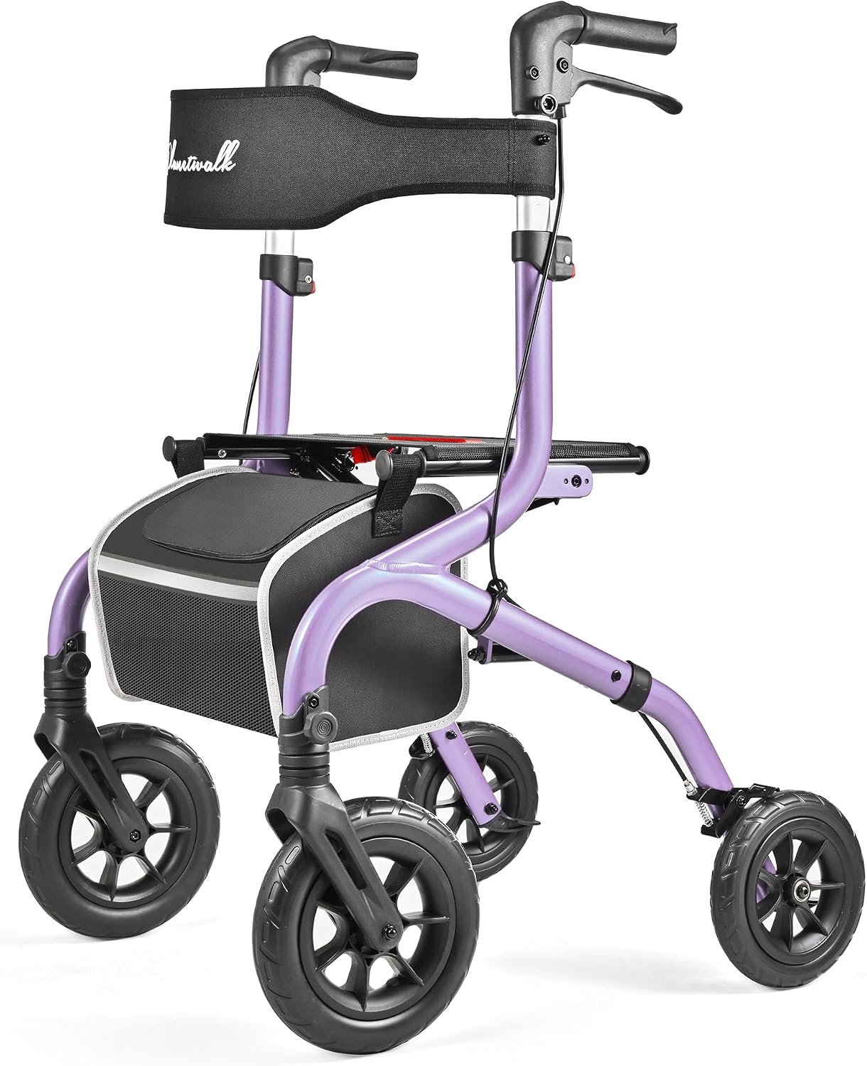 Foldable Rollator Walker: 10" & 8" All-Terrain Wheels, 300lb Capacity, Treaded Rubber Tires, Breathable Seat & Backrest, Lightweight Mobility Aid for Seniors, Purple