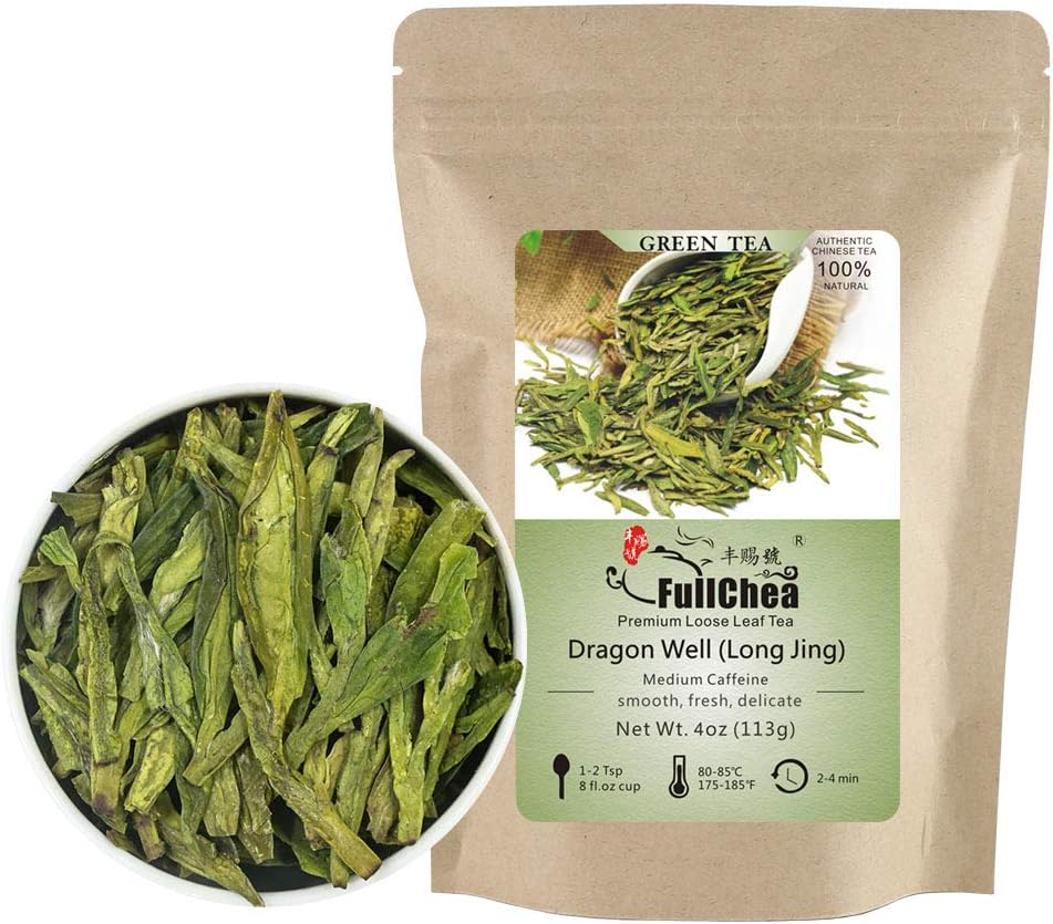 FullChea - Longjing Tea - Dragonwell Tea - Chinese Green Tea Loose Leaf - First Grade - Natural Lung Ching Dragon Well - 4oz / 113g