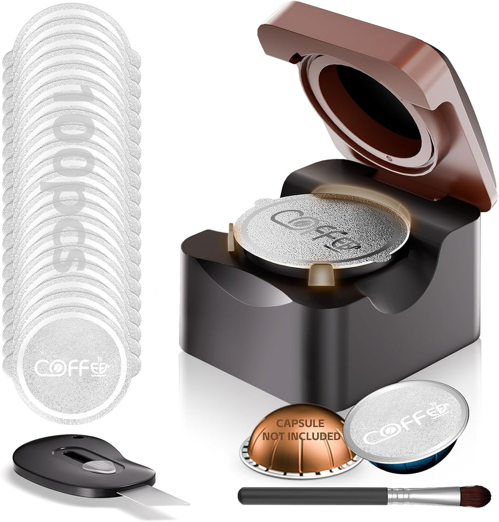 Reusable Vertuo Pods Refill Kit for Nespresso, Upgraded Vertuo Reusable Pods Holder with 100pcs Aluminum Foil Seals Lids, Effortless Press-to-Seal Design, Fits Vertuoline Next Plus Machine(NO PODS)