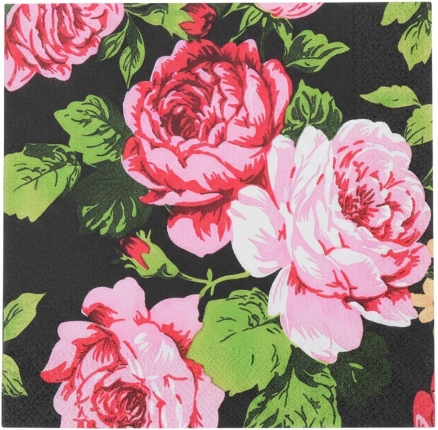 Elegant Black Rose Paper Napkins Decorative Dinner Napkins Disposable Party Napkins Holiday Spring Summer Serviettes Paper Decoupage (20-Count)
