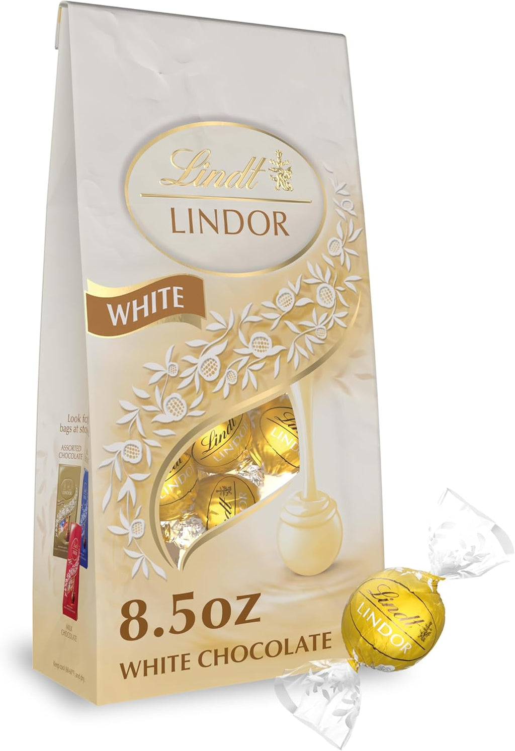 Lindt LINDOR White Chocolate Candy Truffles, Chocolates with Smooth, Melting Truffle Center, 8.5 oz. Bag