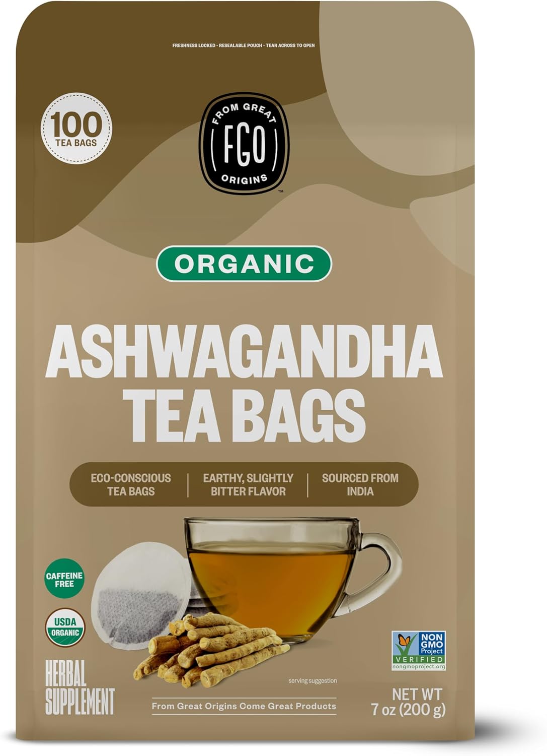 FGO Organic Ashwagandha Tea, 100 Count, Eco-Conscious Herbal Tea Bags, Resealable Bag, Caffeine Free, Packaging May Vary (Pack of 1)
