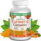 Turmeric Curcumin Supplement 2600mg | Organic Turmeric Powder - 95% Curcuminoids, 200 Capsules - Extra Strength for Joint Support with Black Pepper - High Absorption, BioPerine Extract, Vegan Pills