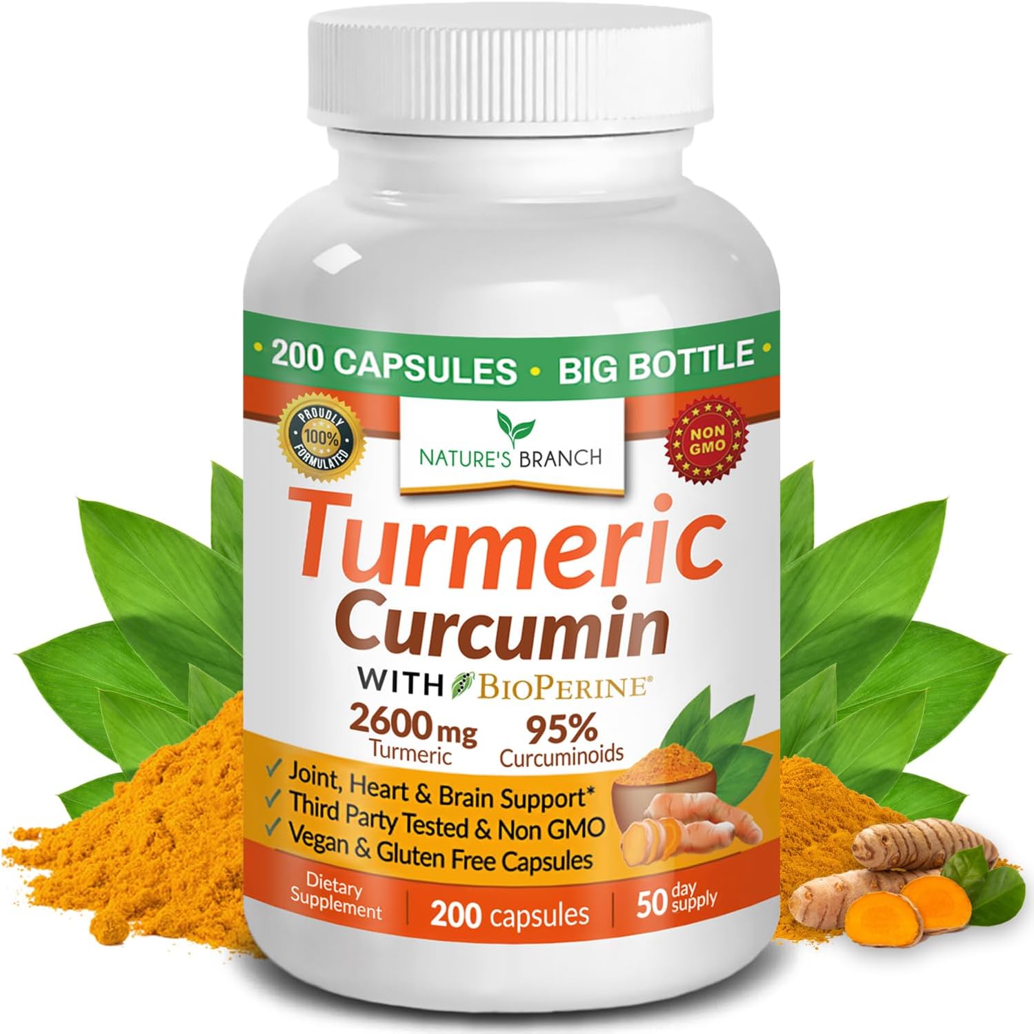Turmeric Curcumin Supplement 2600mg | Organic Turmeric Powder - 95% Curcuminoids, 200 Capsules - Extra Strength for Joint Support with Black Pepper - High Absorption, BioPerine Extract, Vegan Pills