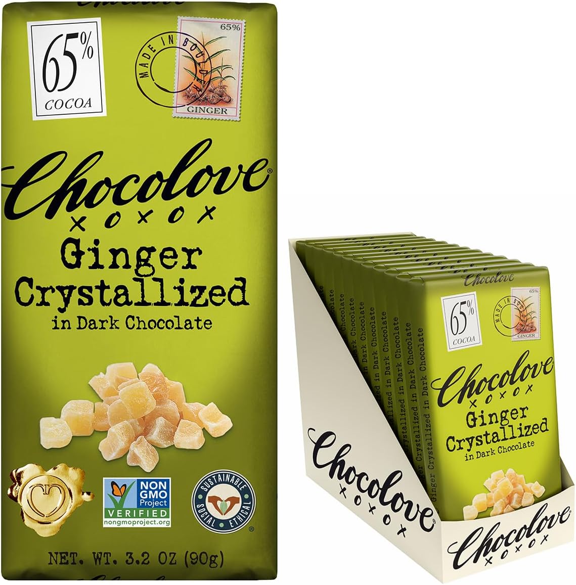 Chocolove Ginger Dark Chocolate Bars | 65% Cocoa | Infused with Crystalized Ginger Bits | Crafted with Premium Chocolate | Non GMO, Rainforest Alliance Certified, 3.2oz Bar (12 Pack)