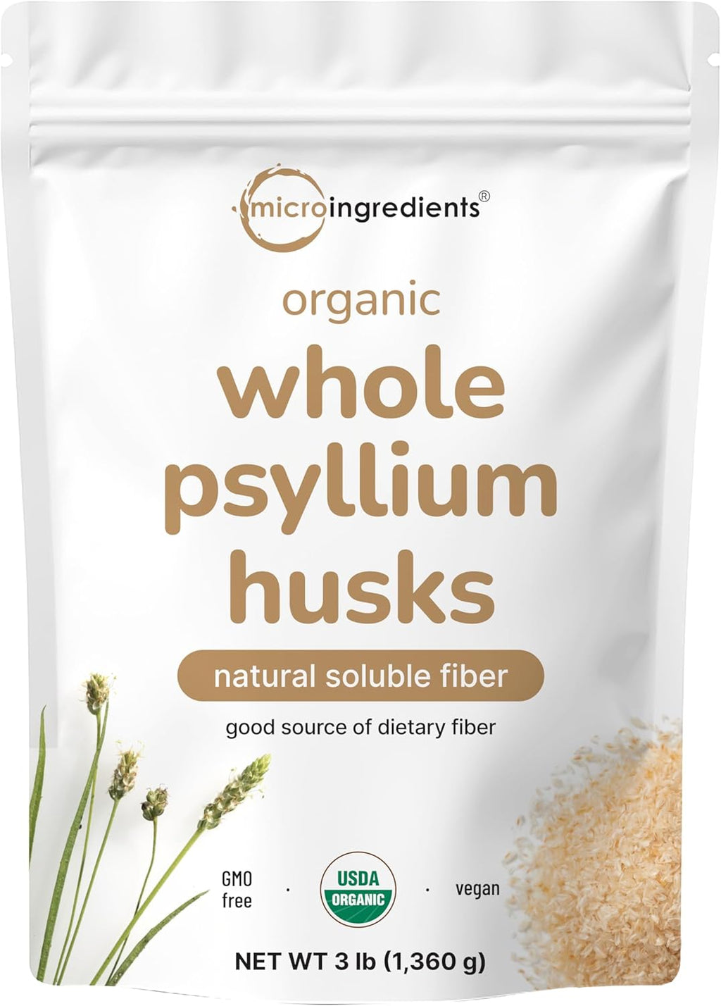 Micro Ingredients Organic Whole Psyllium Husks, 3lbs | Daily Soluble Fiber Supplement with Prebiotics | Psyllium Husk Sourced from India | Non-GMO, Keto Friendly, Vegan