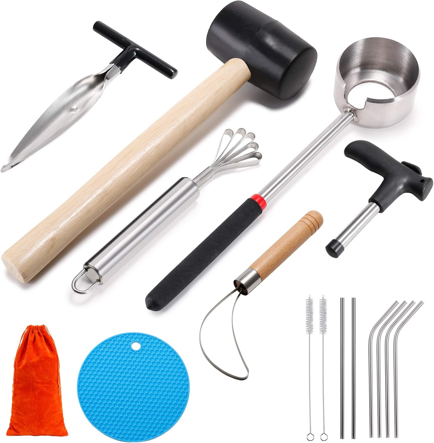 Coconut Opener Tool Set, Safe & Easy to Open Young & Mature Coconuts Tool, Food Grade Stainless Steel Coco Nut Opener Kit with Rubber Mallet Meat Removal, Scraper, Straw & Silicone Mat, ALL IN ONE Bag