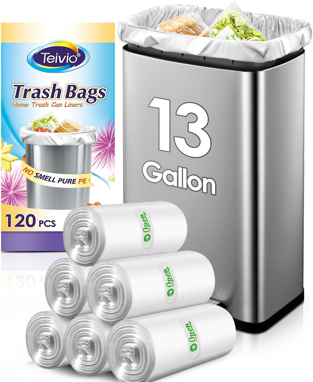 13 Gallon 120 Counts Strong Trash Bags Tall Kitchen Garbage Bags by Teivio, 12 Gallon 13 Gallon 14 Gallon, Multi-Use Bin Liners, Plastic Bags for Home Office Kitchen Yard Industrial, Clear
