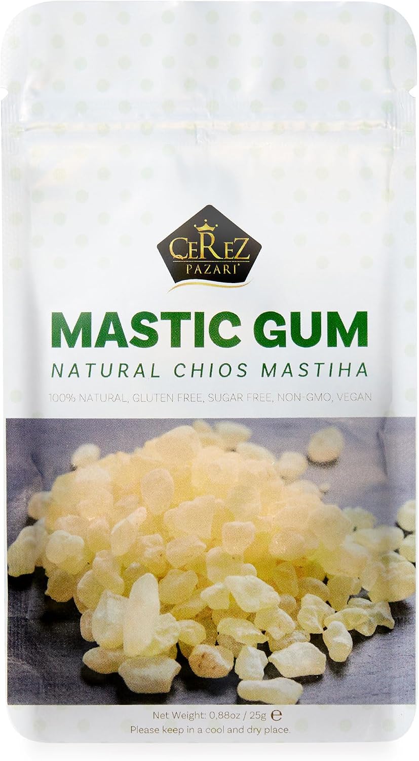 Cerez Pazari Natural Mastic Gum 0.88 oz (25g), Greek Chios Pure Resin, Sugarless Gum Made From Resin Of Mastiha Trees, Jaw Exerciser, Vegan, Non-GMO