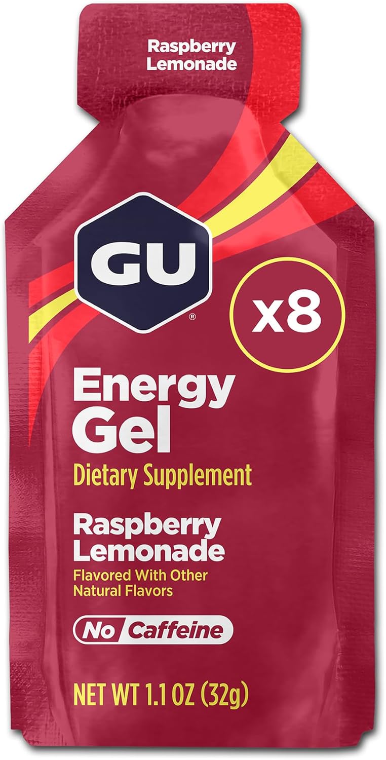 GU Energy Original Sports Nutrition Energy Gel, 8-Count, Vegan, Gluten-Free, Kosher, and Dairy-Free On-The-Go Energy for Any Workout, Raspberry Lemonade