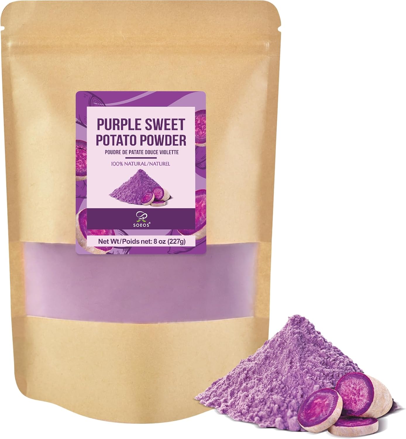 Soeos Purple Sweet Potato Powder, 8oz (227g) - 100% Natural, Vibrant for Smoothies, Baking & Cooking, Resealable Bag for Freshness