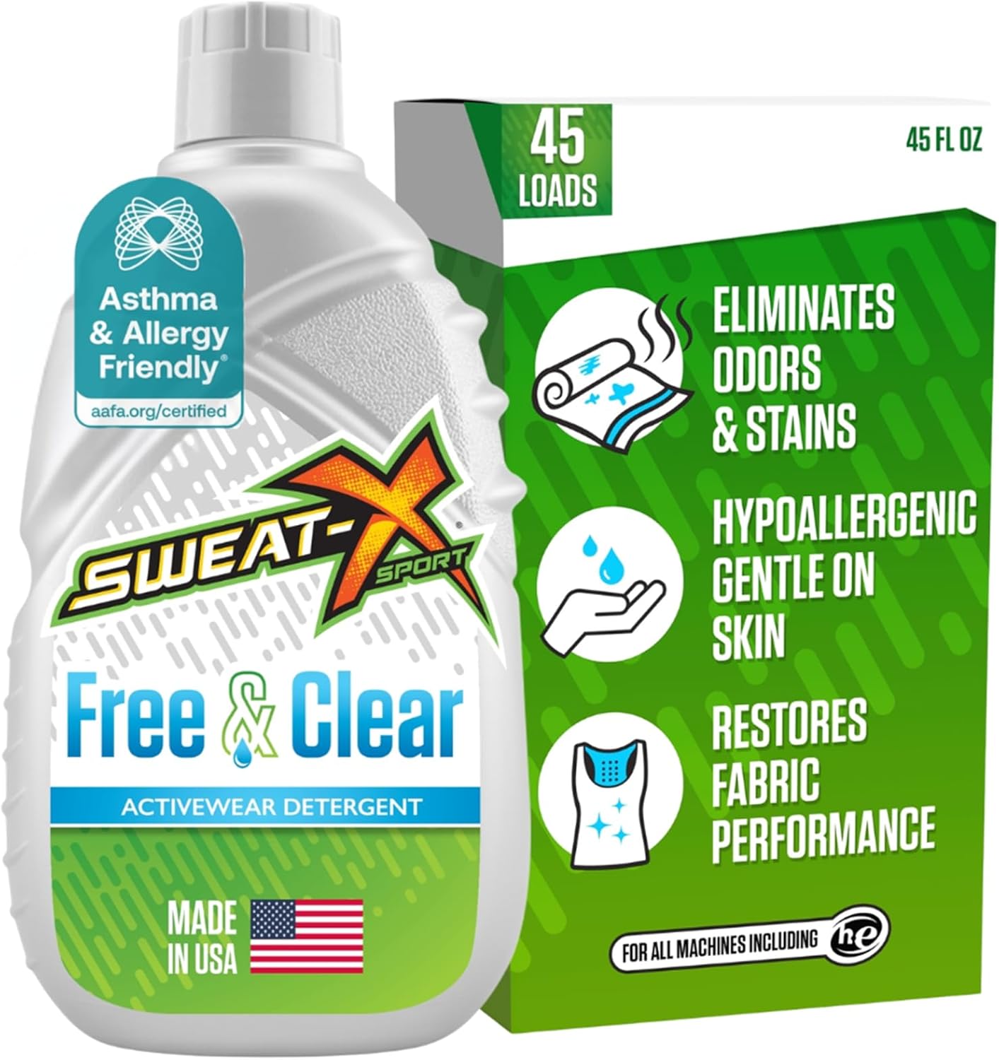 SWEAT X Free & Clear Laundry Detergent Liquid - Organic, Natural Non Toxic Laundry Detergent for Sensitive Skin - Gentle Washing Detergent for Activewear & Performance Fabrics - 45 Loads, 1 Bottle