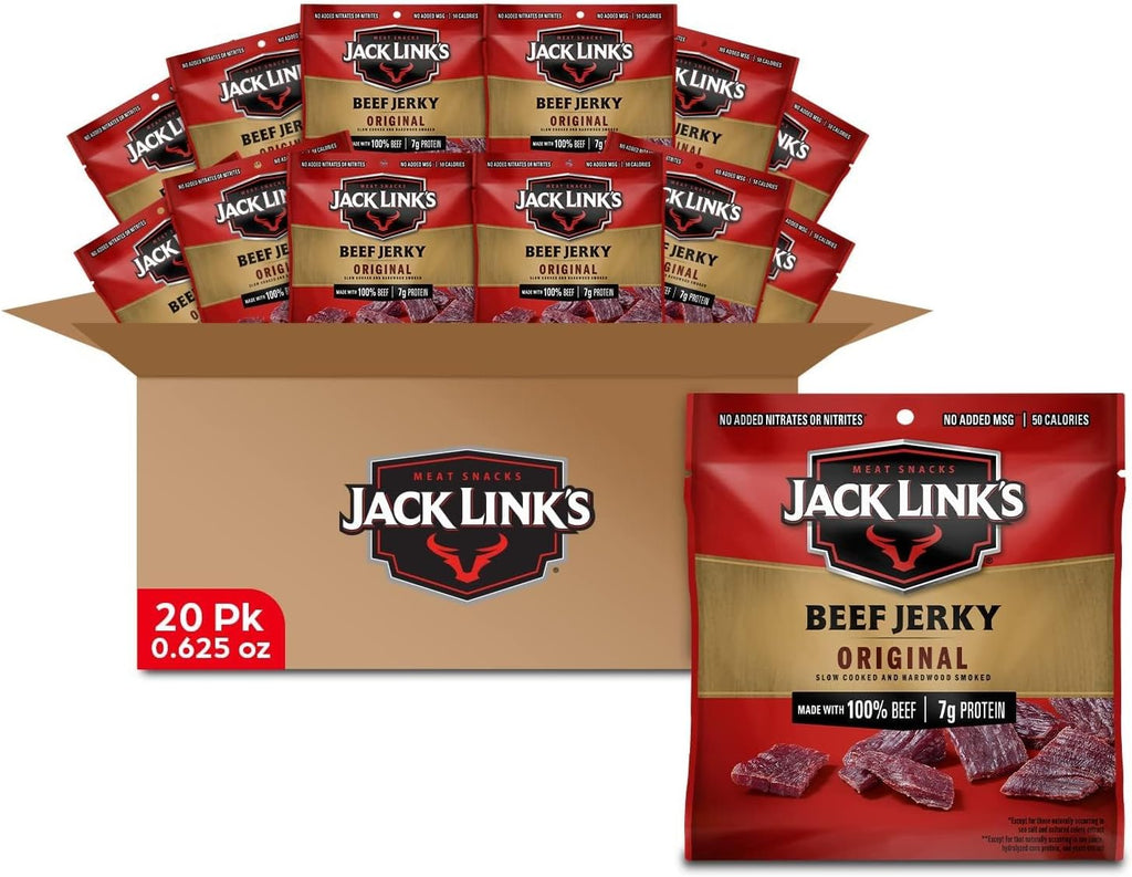 Jack Link's Beef Jerky Multipack - Original - Made with 100% Real Beef - Ready to Eat Real Meat Protein Snacks - 7g Protein per Serving - 0.625 oz Bags (20 Pack)