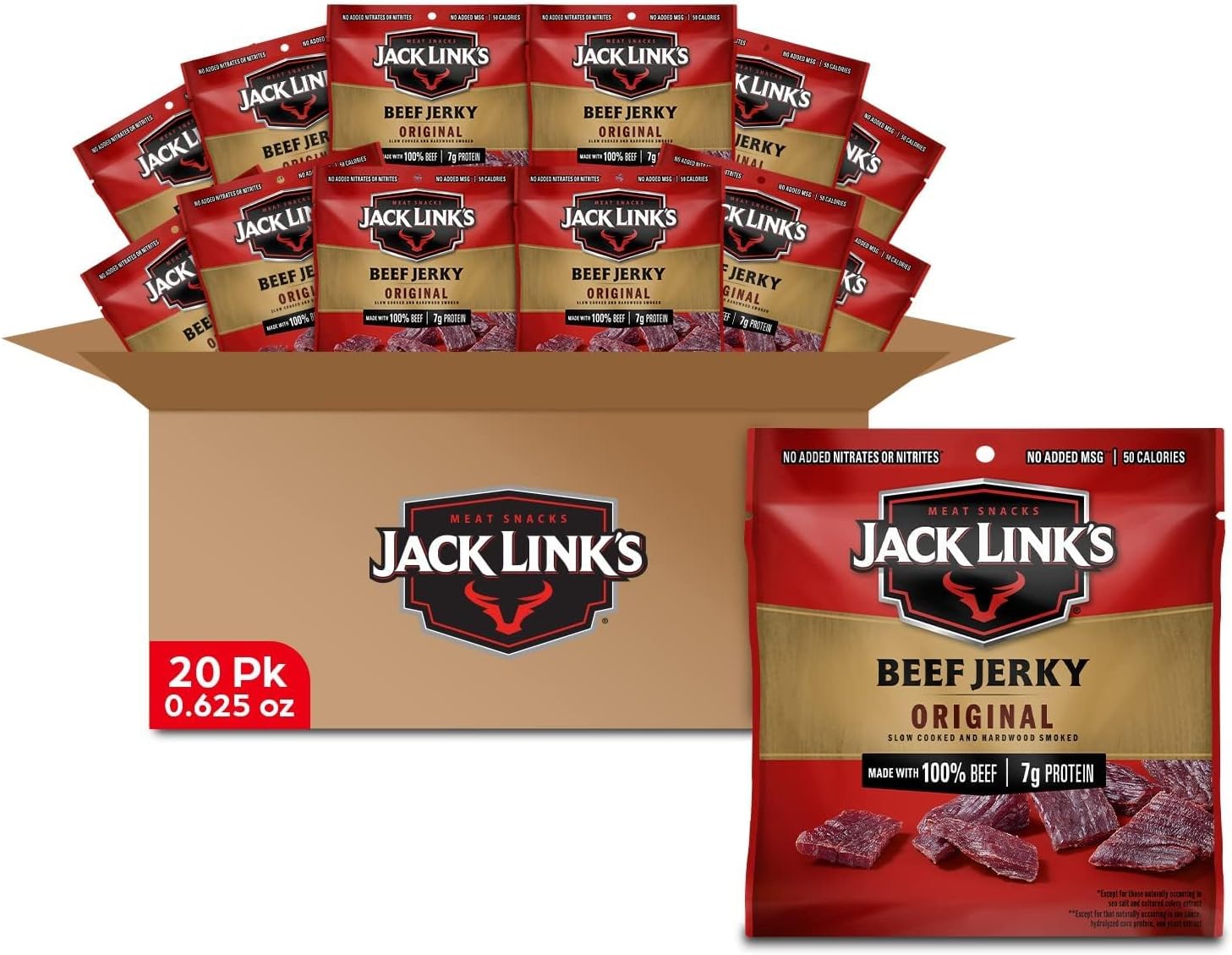 Jack Link's Beef Jerky Multipack - Original - Made with 100% Real Beef - Ready to Eat Real Meat Protein Snacks - 7g Protein per Serving - 0.625 oz Bags (20 Pack)