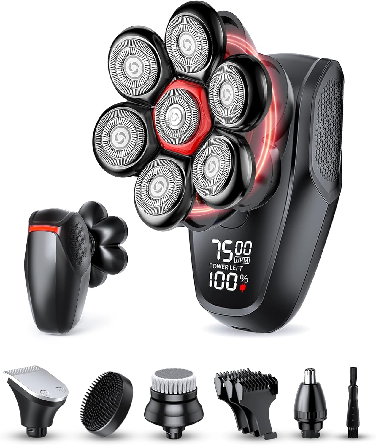 Head shavers for Bald Men 5-in-1 Men's Grooming Kit, 7D Rotary Electric Head Shaver, IPX8 Waterproof Wet/Dry Midnight Black