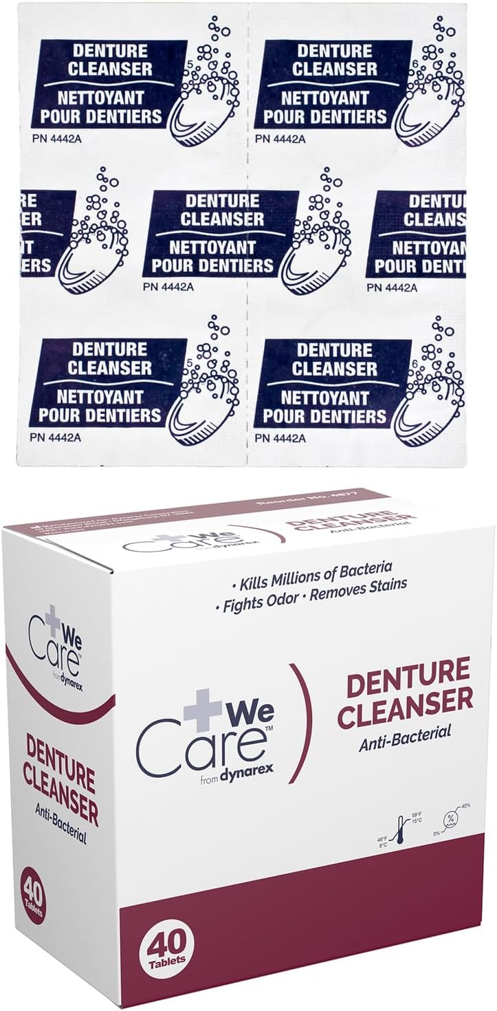 Dynarex Denture Cleanser Tablets - Reduce Odors & Stains - Individually Wrapped, Peppermint Denture Cleaning Tablets - Box of 40 Tablets