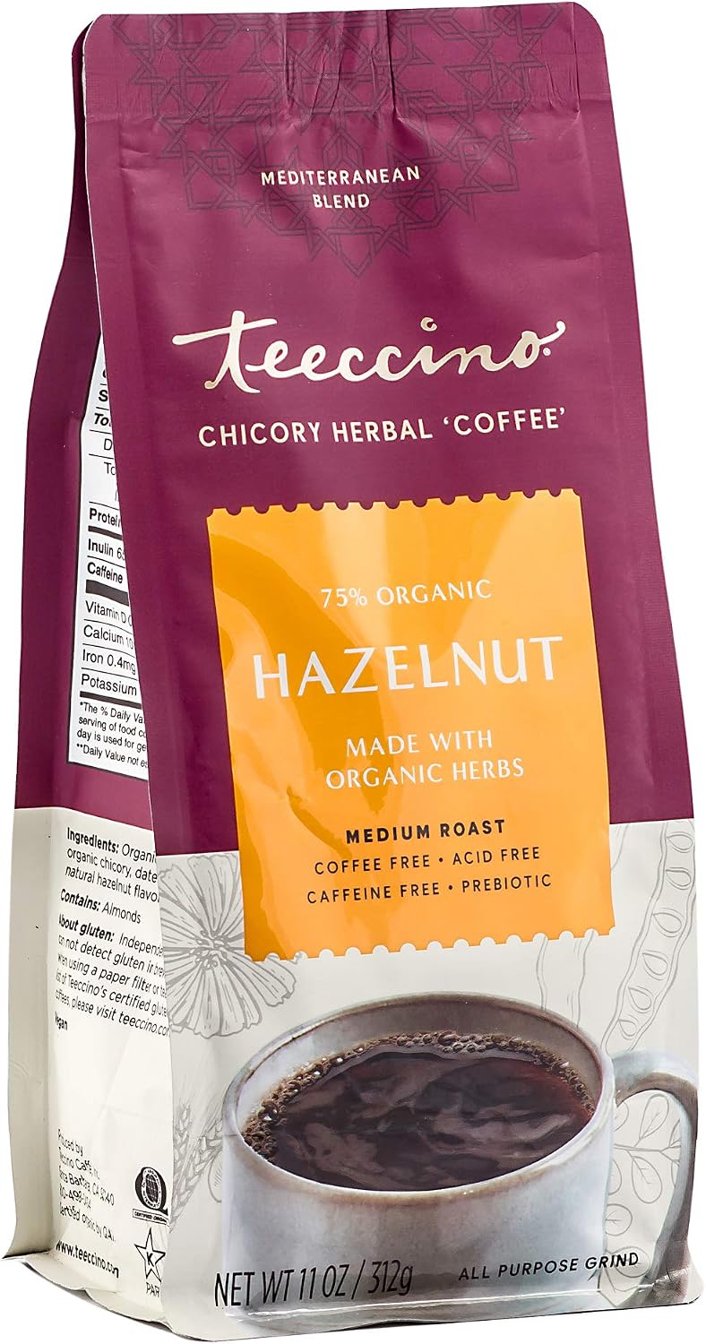Teeccino Hazelnut Chicory Coffee Alternative - 11 Ounce - Ground Herbal Coffee That’s Prebiotic, Caffeine Free & Acid Free, Medium Roast