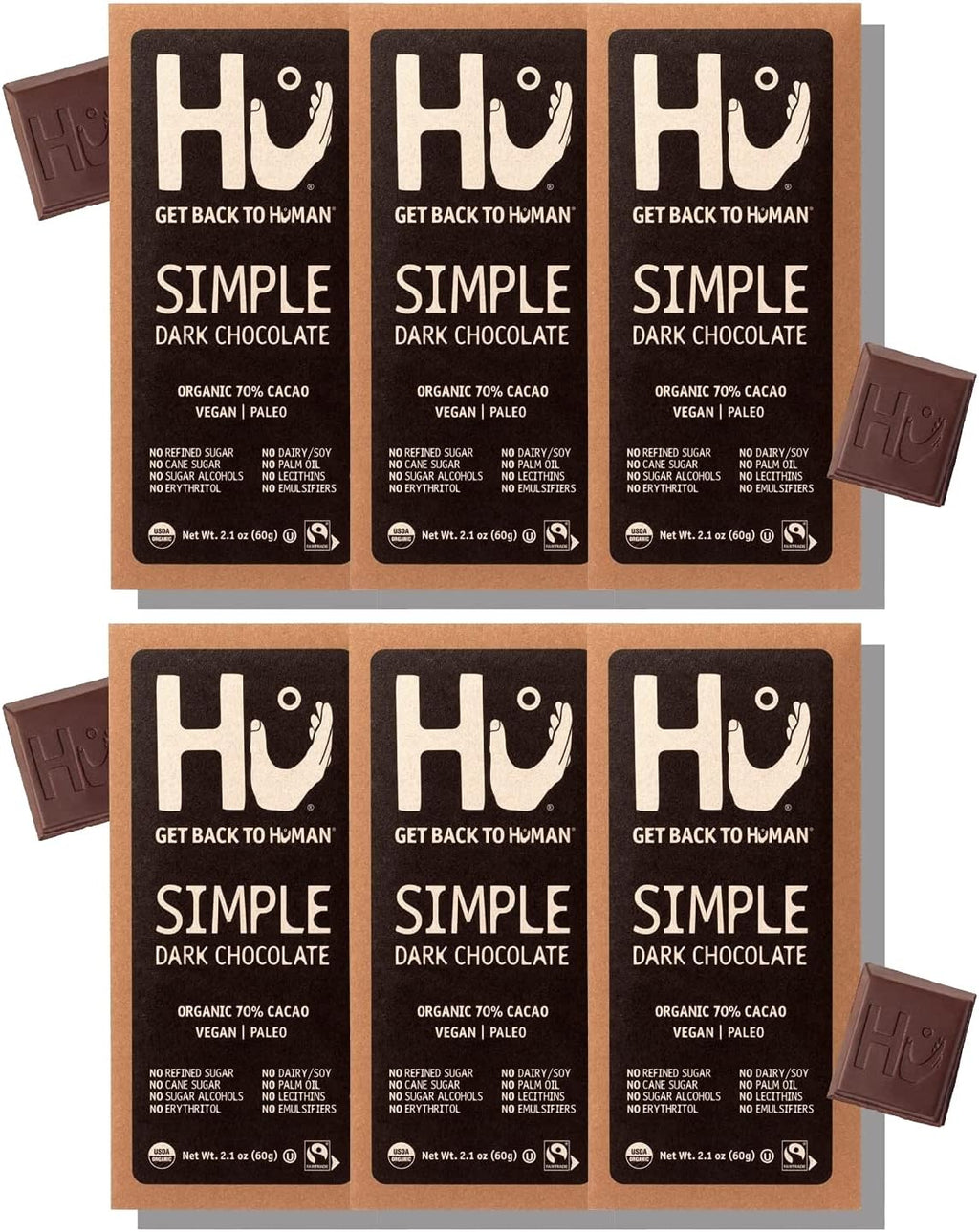 Hu Chocolate Bars | 6 Pack Simple Chocolate | Natural Organic Vegan, Gluten Free, Paleo, Non GMO, Fair Trade Dark Chocolate | 2.1oz Each