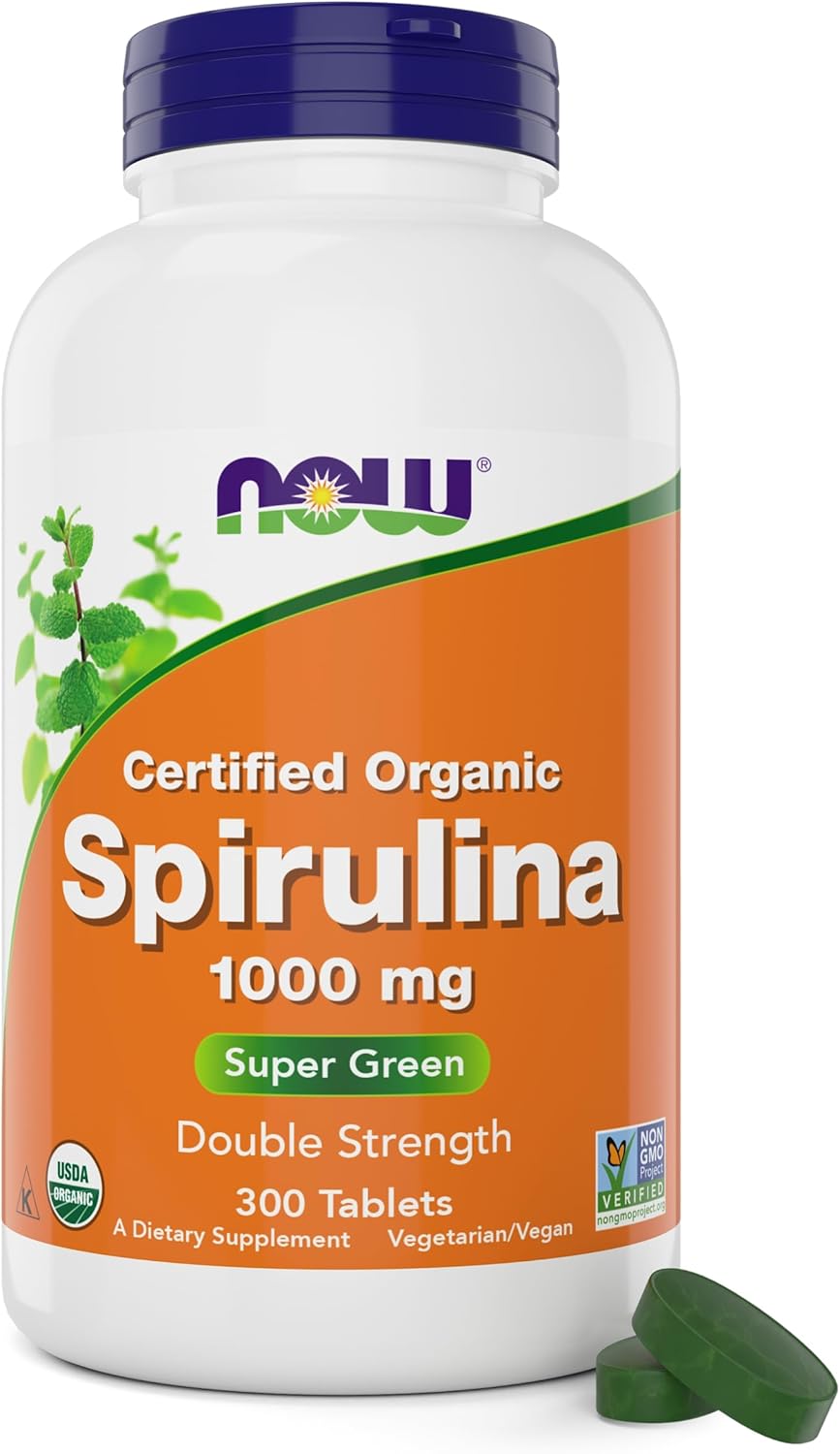 NOW Foods Organic Spirulina 1000mg Tablets - 300 Count - Non-GMO, Super Green Whole Food Supplement - Double Strength