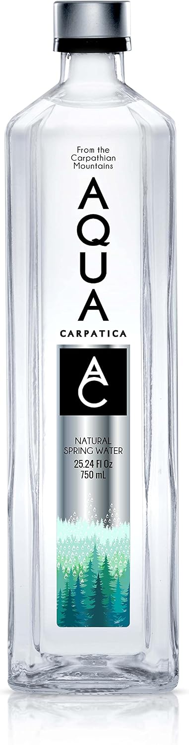 AQUA Carpatica Natural Spring Water with Electrolytes, Artesian Glass Bottled Water, 750 ml / 25.36 oz. (12 Pack)