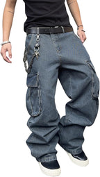 DFGIGT Mens Denim Baggy Pants with Cargo Pockets Mid Weight Casual Streetwear Wide Leg Jeans Hip Hop Skater Trousers