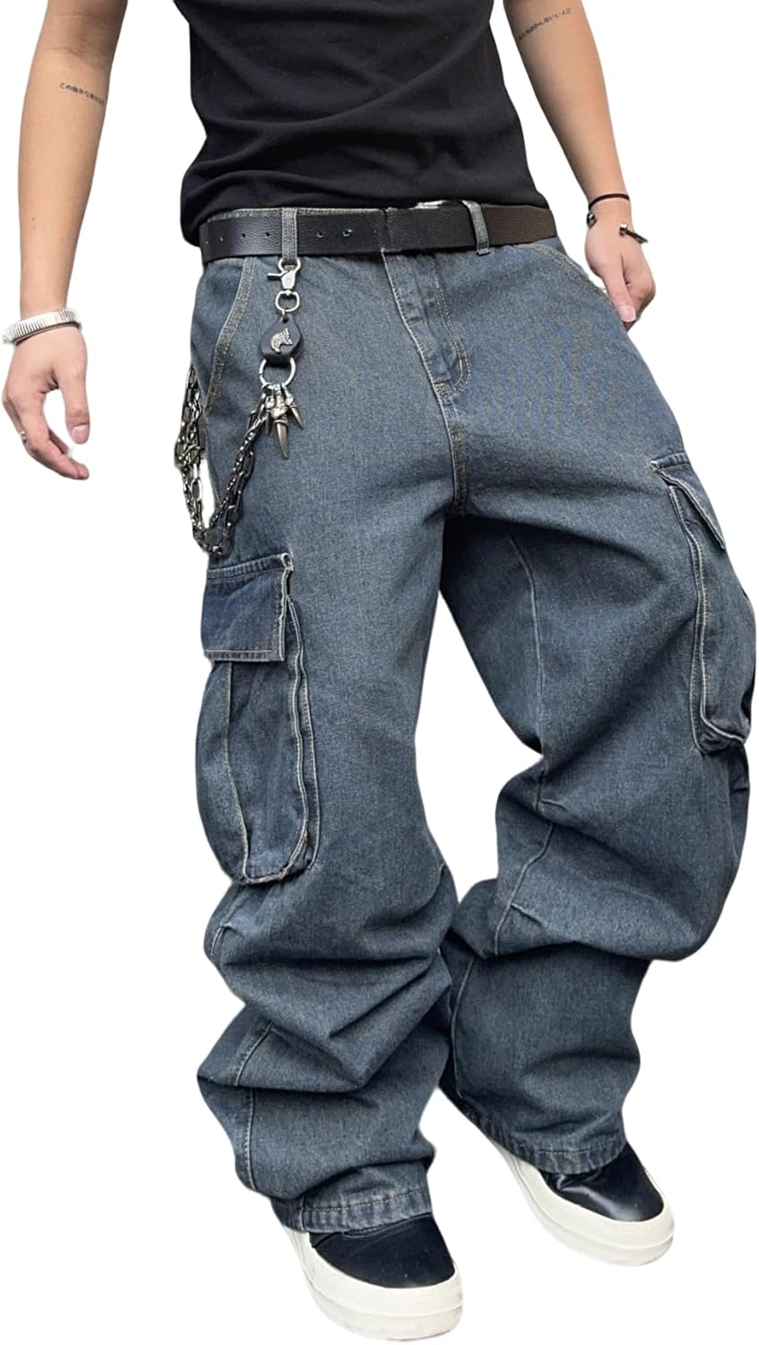 DFGIGT Mens Denim Baggy Pants with Cargo Pockets Mid Weight Casual Streetwear Wide Leg Jeans Hip Hop Skater Trousers