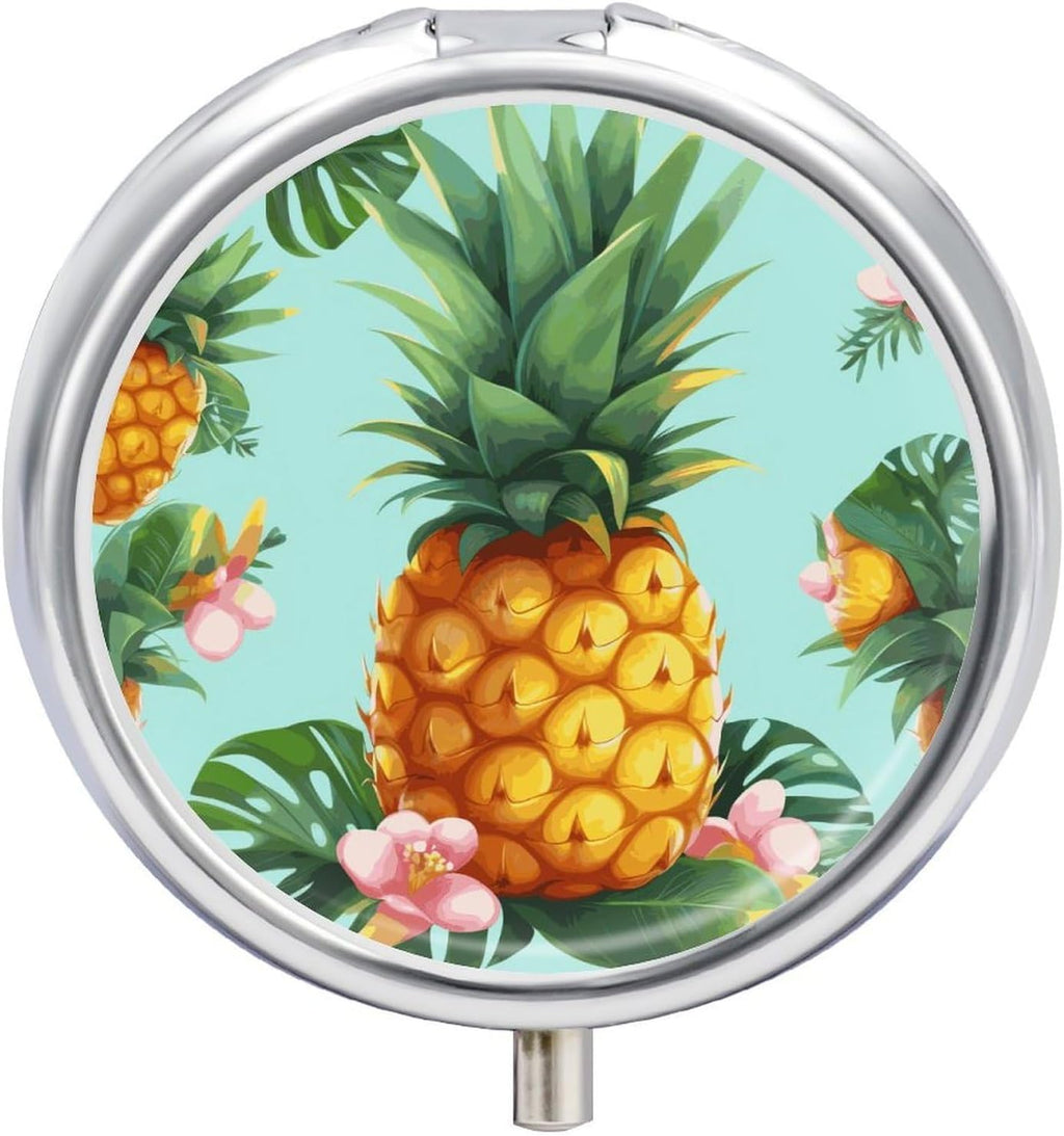 Tropical Pineapple Pill Organizer Round Pill Box Small Pill Case with 3 Compartment Travel Pill Container Portable Medicine Box Metal Medicine Organizer Medication Holder