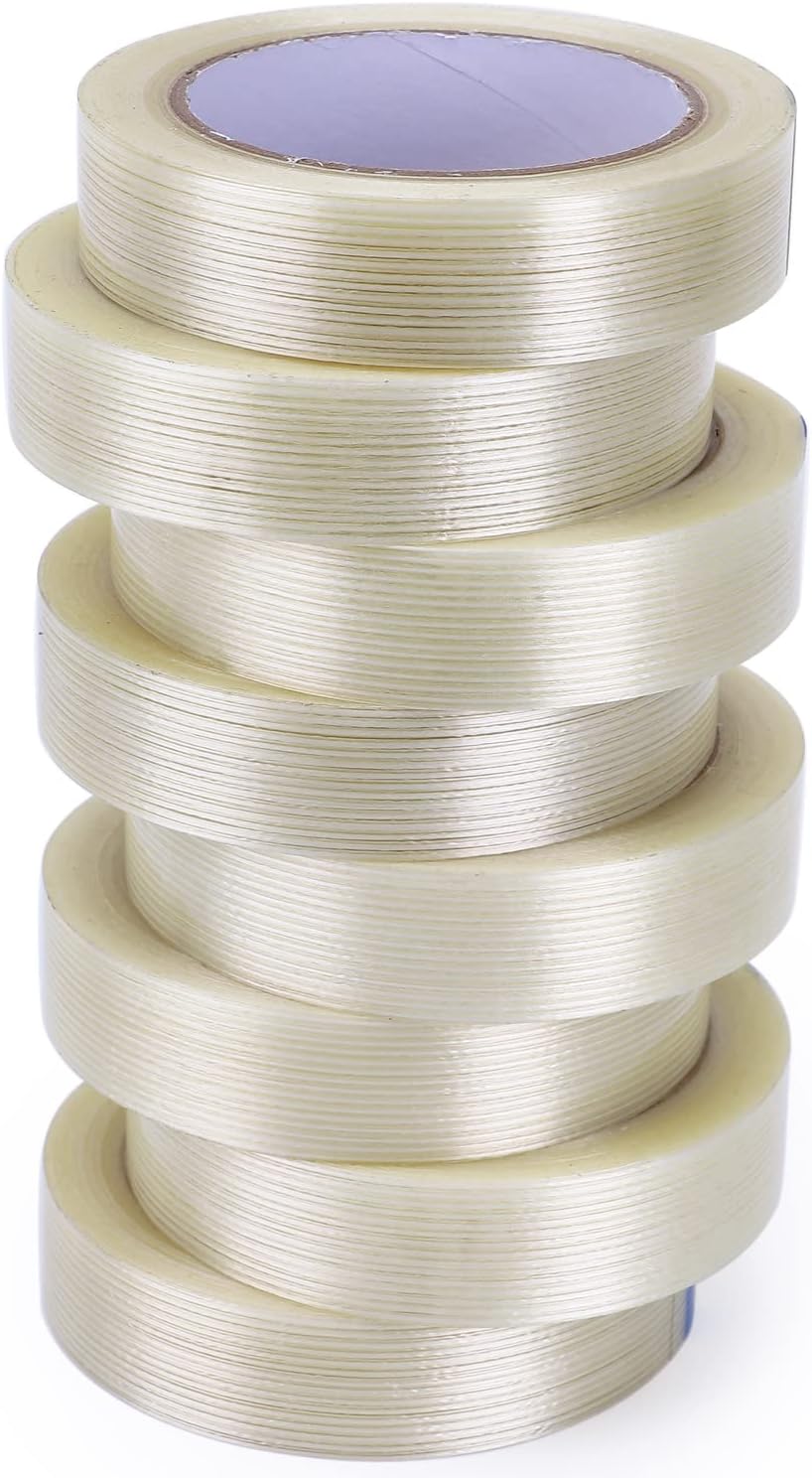 8-Pack Filament Strapping Tape 6.3mil x 1inch x 27yds Commodity Grade Heavy Duty Transparent Reinforced Fiberglass Tape, Thickened and Super Sticky