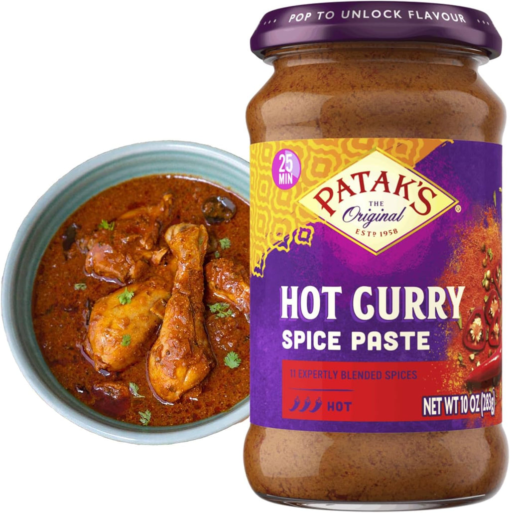Patak’s Hot Curry Spice Paste - Hot Indian Cooking Paste with Freshly Ground Spices - Ideal for Chicken, Vegetables, and One-Pot Meals - Spicy Curry Base - 10oz Jar (Pack of 1)