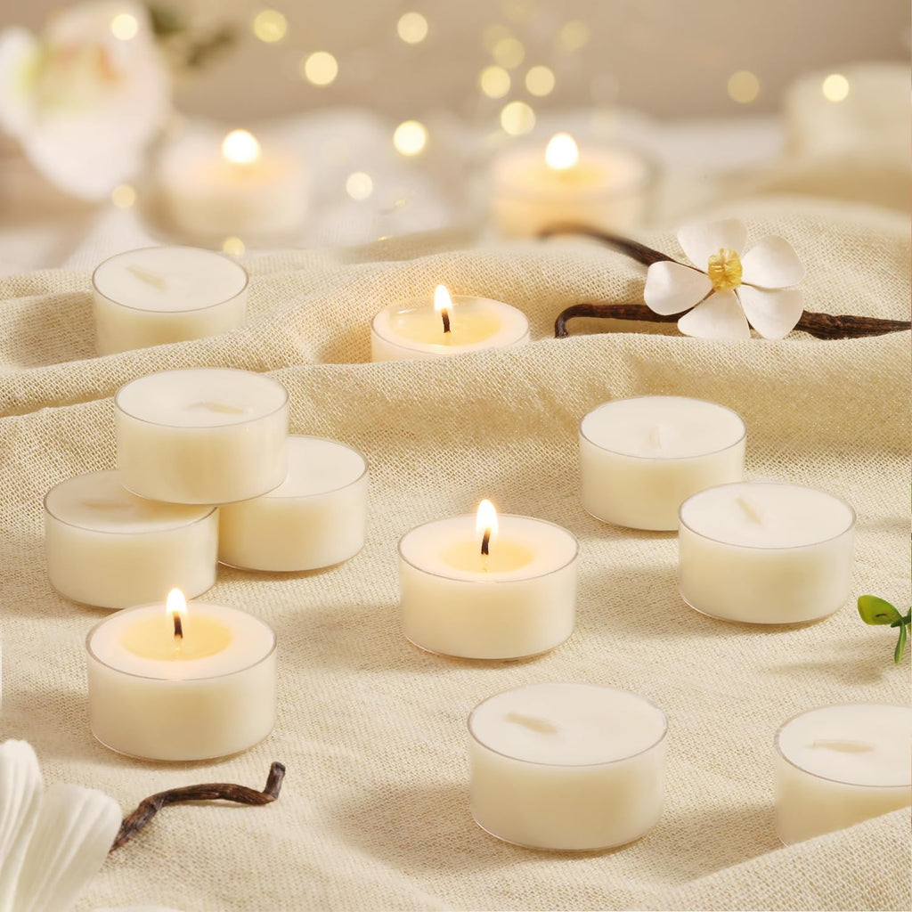 Scented Tea Lights Candles, Vanilla Embrace, 48 Pack – 100% Palm Wax Scented Tealights, Ivory Color, 6 Hour Long Burning, Vanilla Aromatherapy Tea Lights Candles for Relaxation, Home, Spa, Events