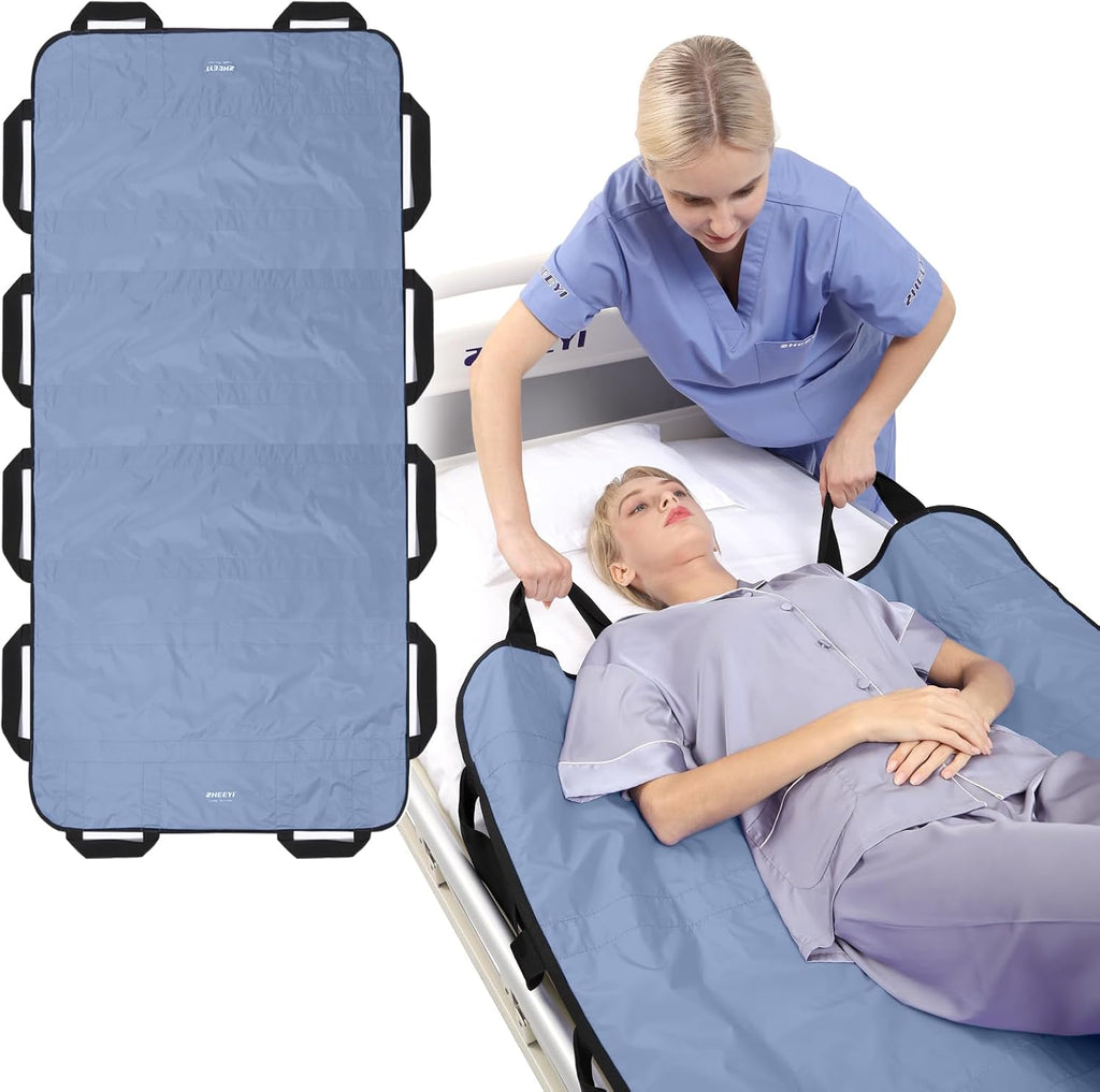 Multipurpose 72" x 40" Positioning Bed Pad with Reinforced Handles - Reusable & Washable Transfer Sheet for Turning, Lifting & Repositioning - Double-Sided Nylon Fabric, Blue Gray