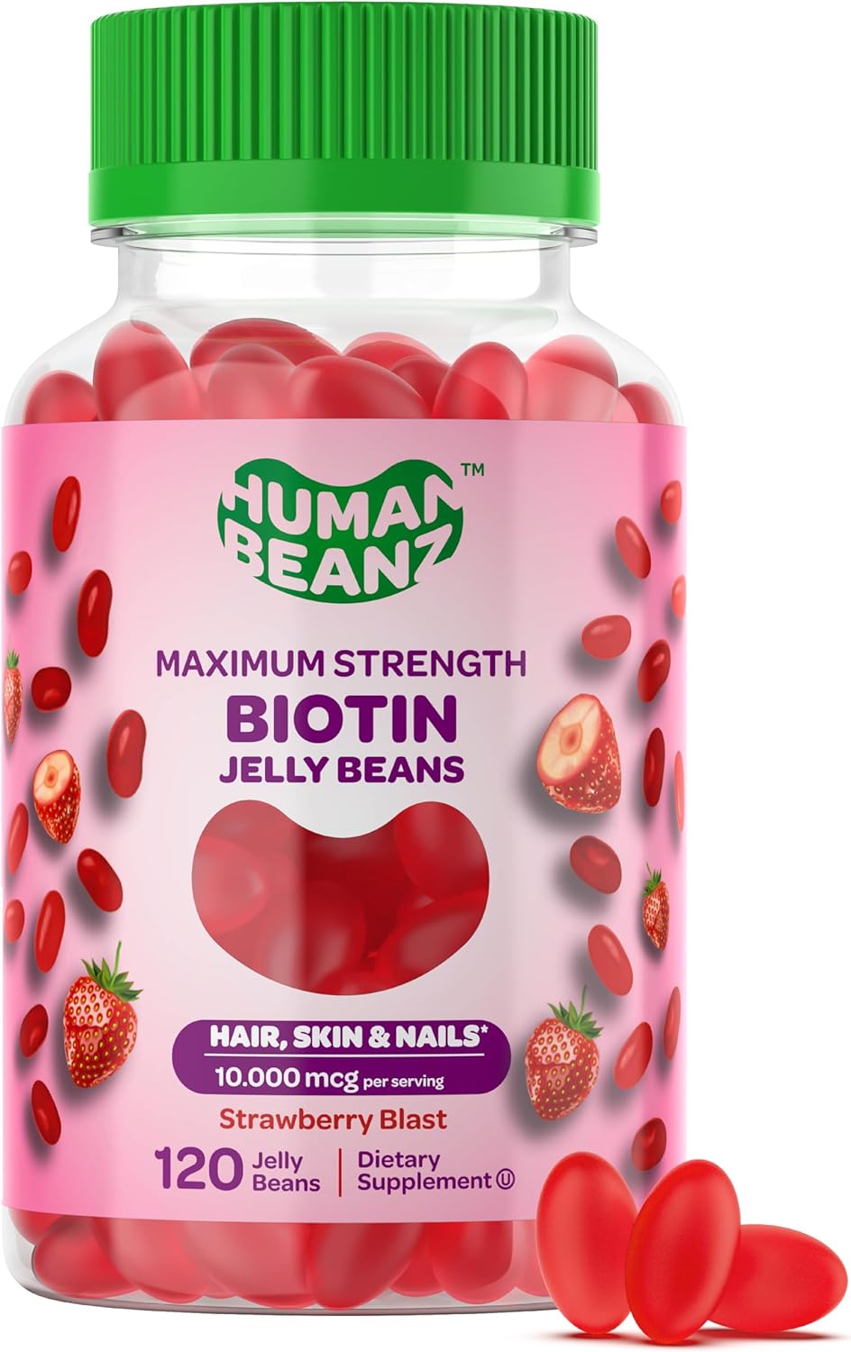 Human Beanz Biotin Jelly Bean Gummy Vitamins, Max Strength Biotin for Hair, Skin and Nails, 10,000mcg per Serving, Hair Growth Vitamins for Men and Women, 120 Strawberry Blast Jelly Beans, Kosher