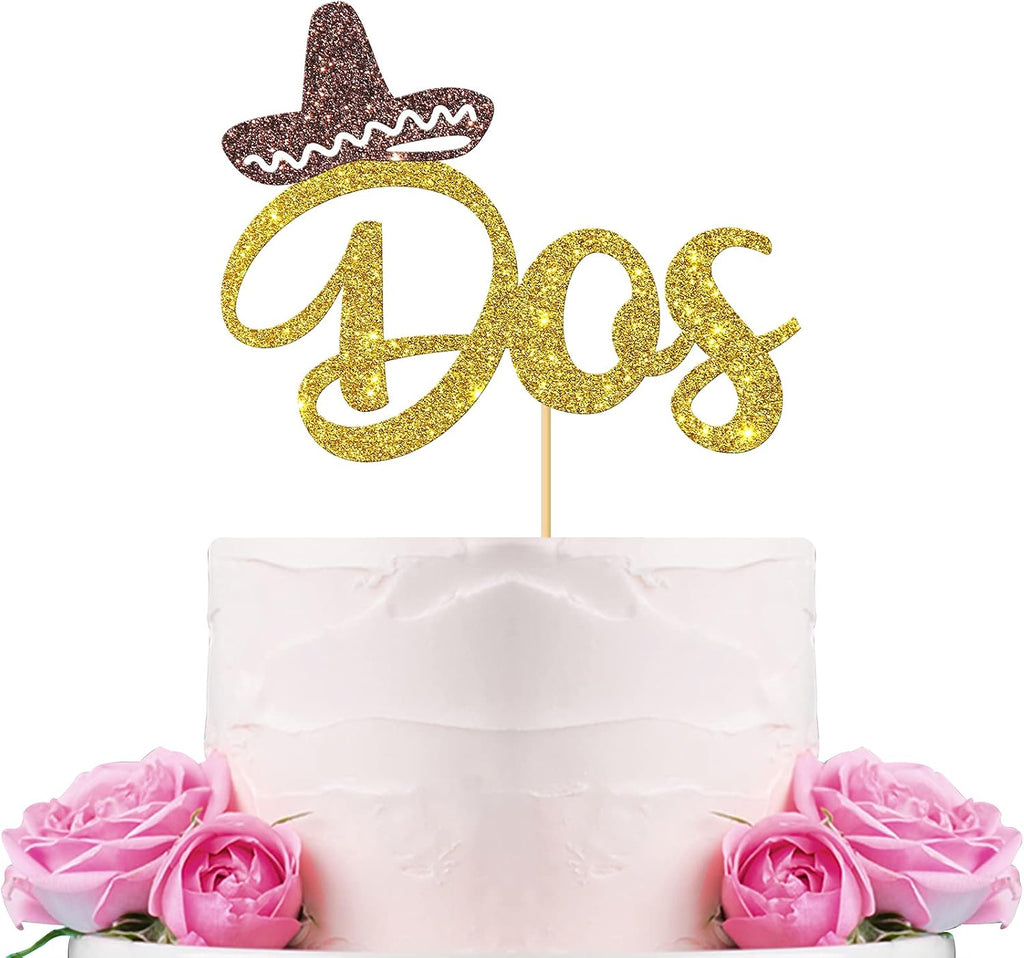 WeBenison Dos Cake Topper Mexican Themed 2nd Birthday Party Cake Deor/Fiesta Two Sign/Taco Bout 2nd Anniversary Party Decorations Gold Glitter