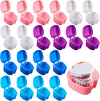 Zubebe 20 Pcs Denture Bath Retainer Case Holder Bulk with Strainer Basket Dental Cup Denture Soaking Container False Teeth Storage Box for Travel Cleaning Mouth Guard, 5 Colors