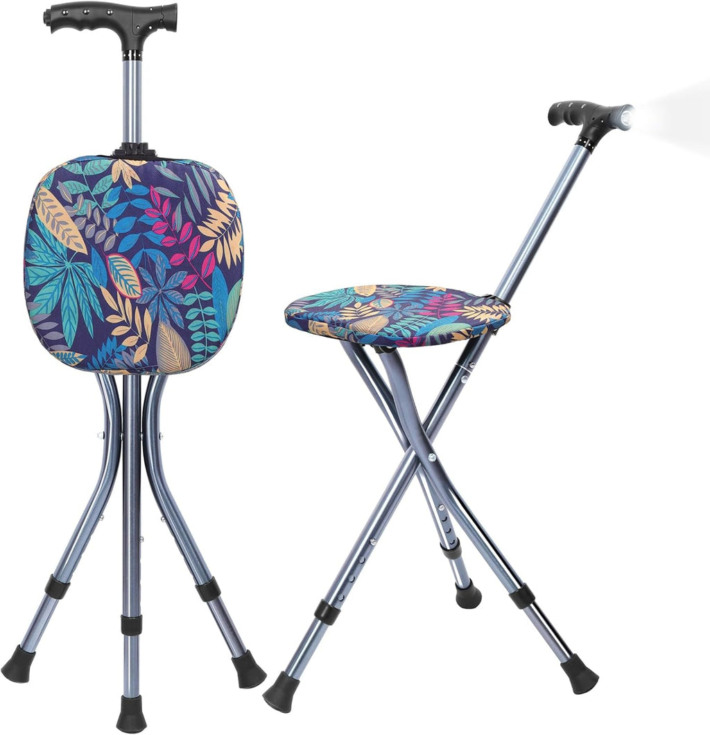 Folding Cane with Seat,Adjustable Walking Stick for Seniors,Lightweight Walking Cane with LED Light,Height Adjustment Cane Seat,Portable Cane Chair,Sturdy Crutches Stool,Supports up to 250 lbs
