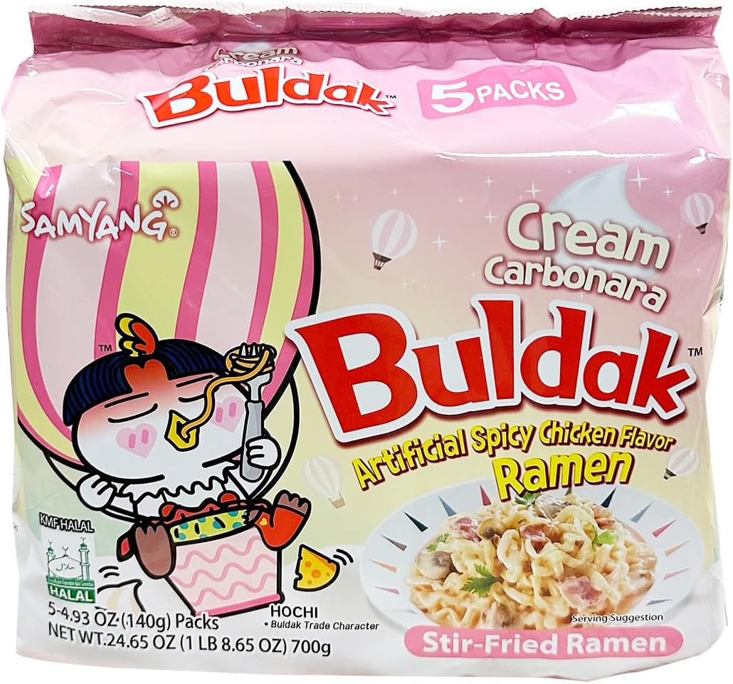 Samyang Buldak Hot Spicy Chicken Flavor Ramen,Korean Stir-Fried Instant Package Noodle Cream Carbonara,1 Bag with 5 Pack,4.93 OZ
