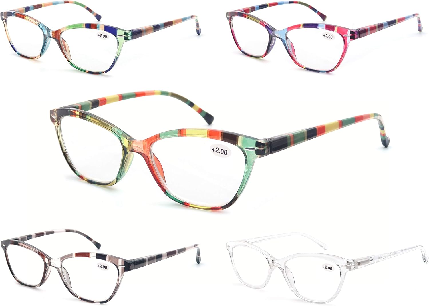 MODFANS Womens Reading Glasses Women 5 Pack Fashion Ladies Readers Comfort Spring Hinge Lightweight cateye Frame with Pouch 2.25