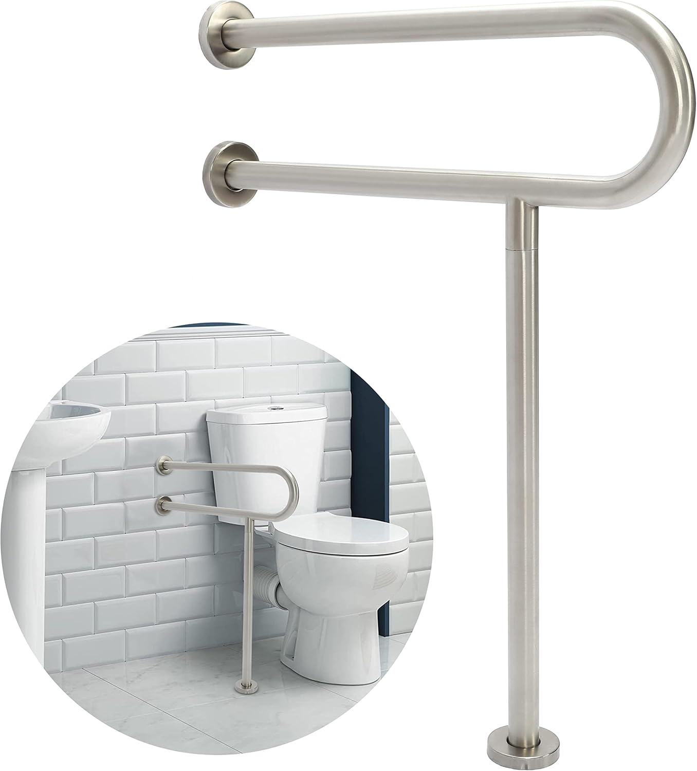 HECASA 24 Inch Handicap Grab Bars Rails 304 Stainless Steel Toilet Handrail Bathroom Safety Bar Wall Mount Floor Support Assist Bar for Disabled Elderly Mounted Bath Grips