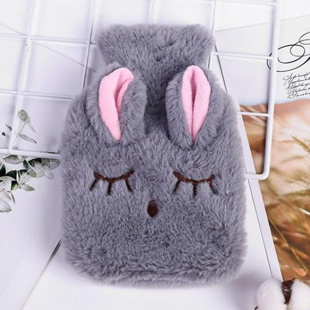 Cute Hot Water Bottle with Cover, Detachable Rabbit Rubber Hot or Cold Water Bottle with Cute Stuffed Animal Cover, Winter Warm Leakproof PVC Hot Water Bag (Grey)