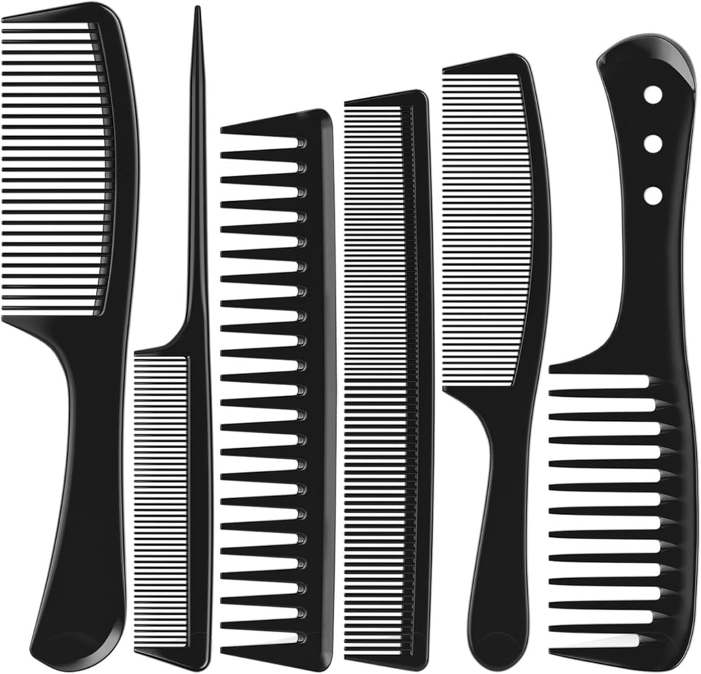 6 PCS Hair Comb Set Black, Durable Wide and Fine Tooth Rat Tail Hair Barber Comb for Women & Man, Professional Combs for Wet Curly Natural Hair Detangling Parting Teasing Styling & Cutting
